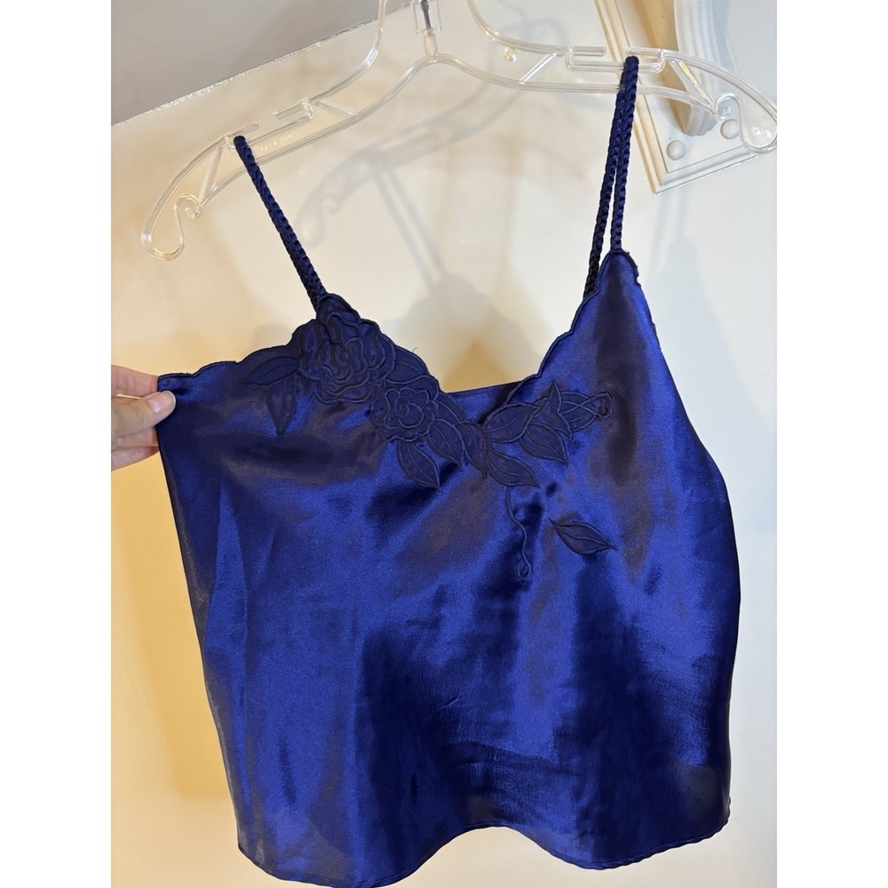 VTG ERIKA TAYLOR Navy Blue Silky‎ Embroidered Camisole Tank S Braided Straps